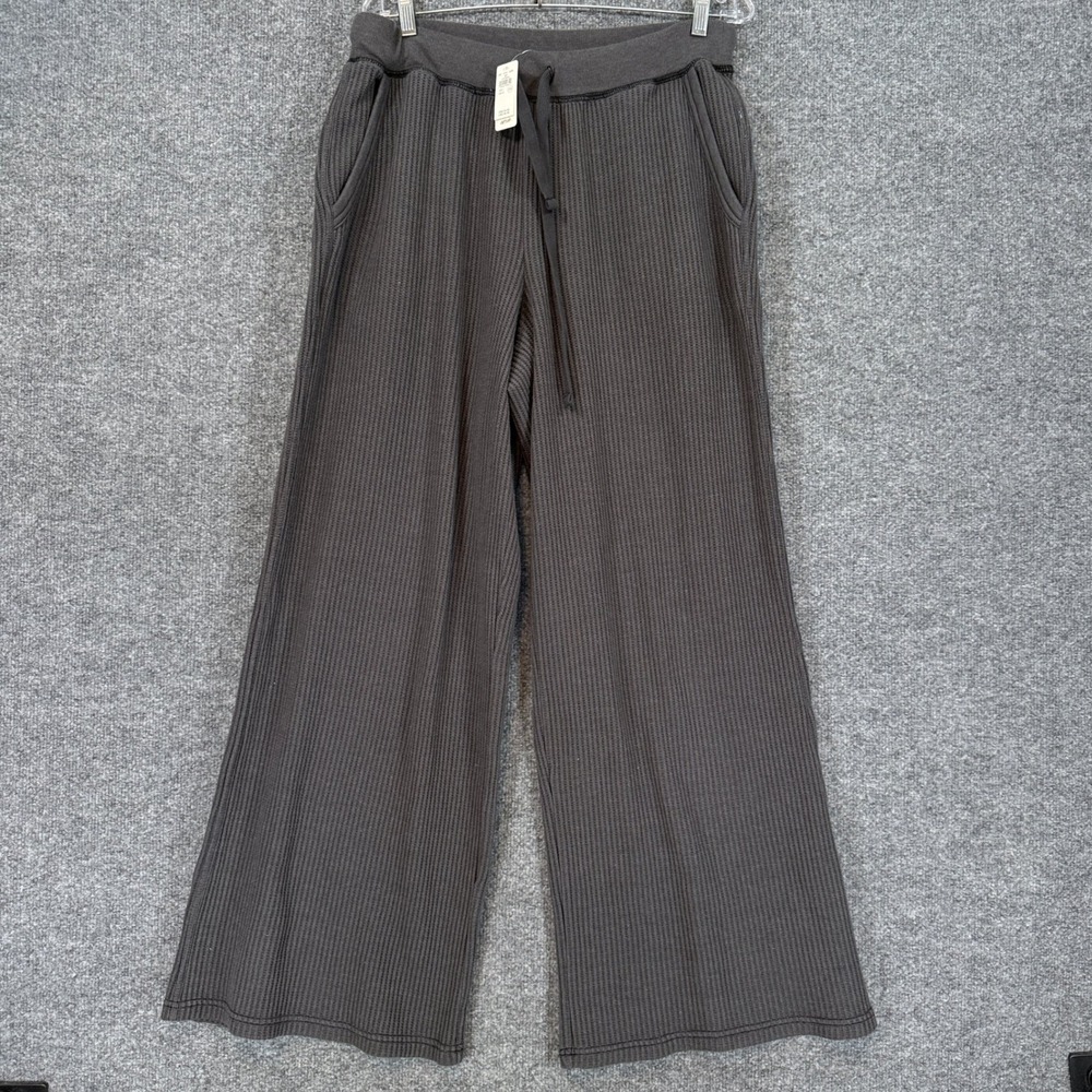 Aerie Sweatpants Women Large Gray Wide Leg Drawstring Lounge Waffle Knit NEW